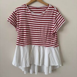 Zara Red & White Striped Peplum High-Low Top – Size M